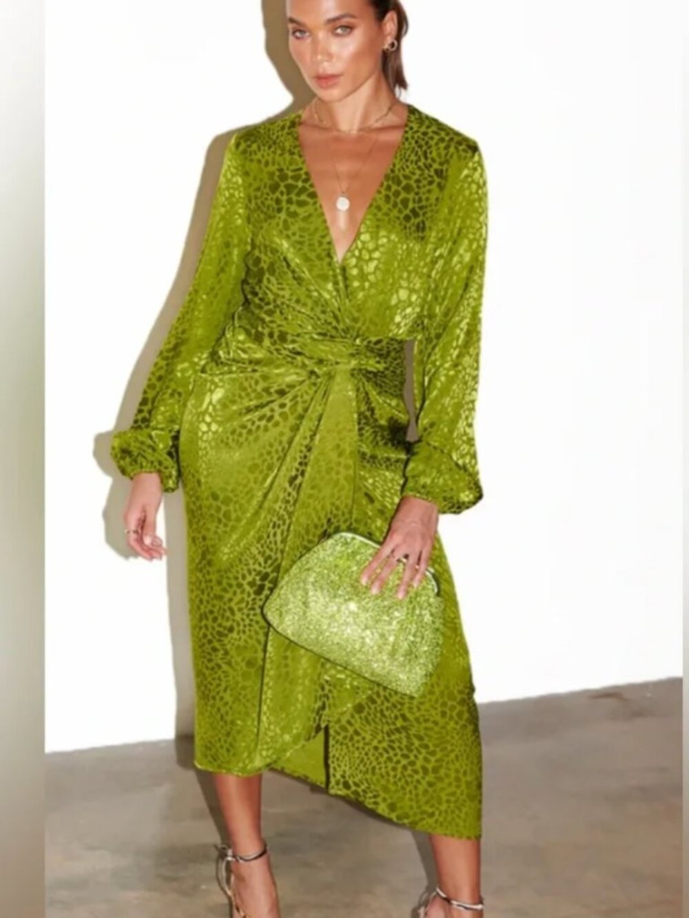 Never Fully Dressed NFD Green Satin Animal Print Wrap Dress. Size 12 US